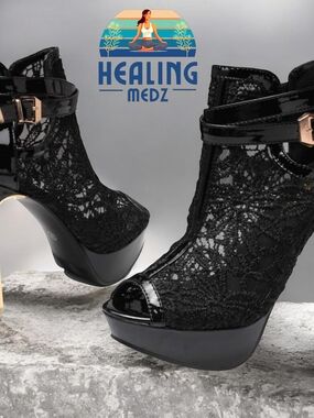 Women's Black Pretty Lace Flowers Open Toes High Heels Ankle Boots